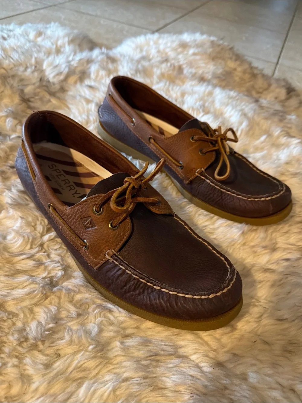 Sperry top sider Men's Two-Tone Brown Leather Boat Shoes slip ons hamptons 12